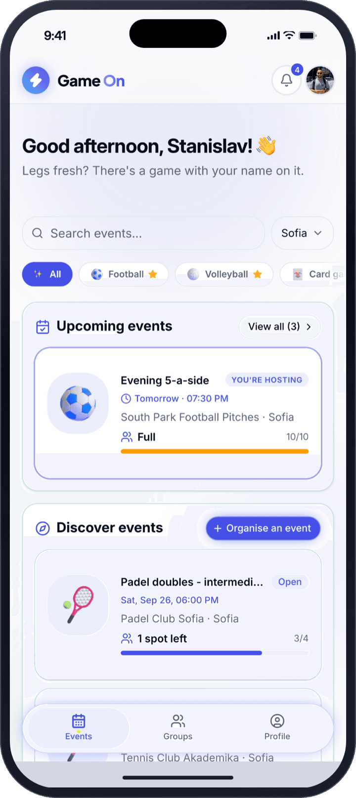 Game On home screen with your next game and nearby events to join