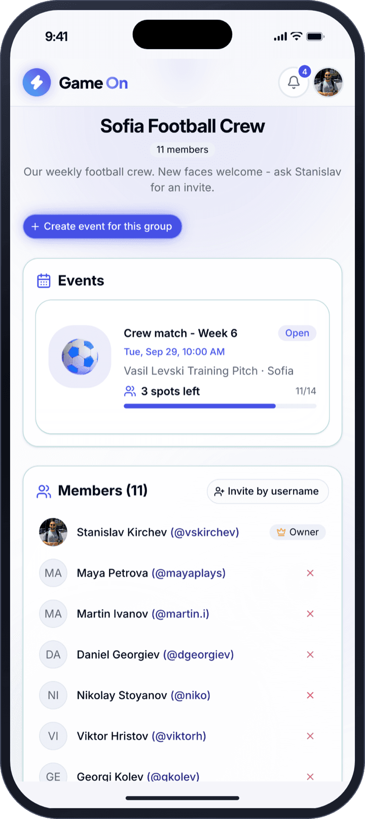 Game On private group with its upcoming game and members